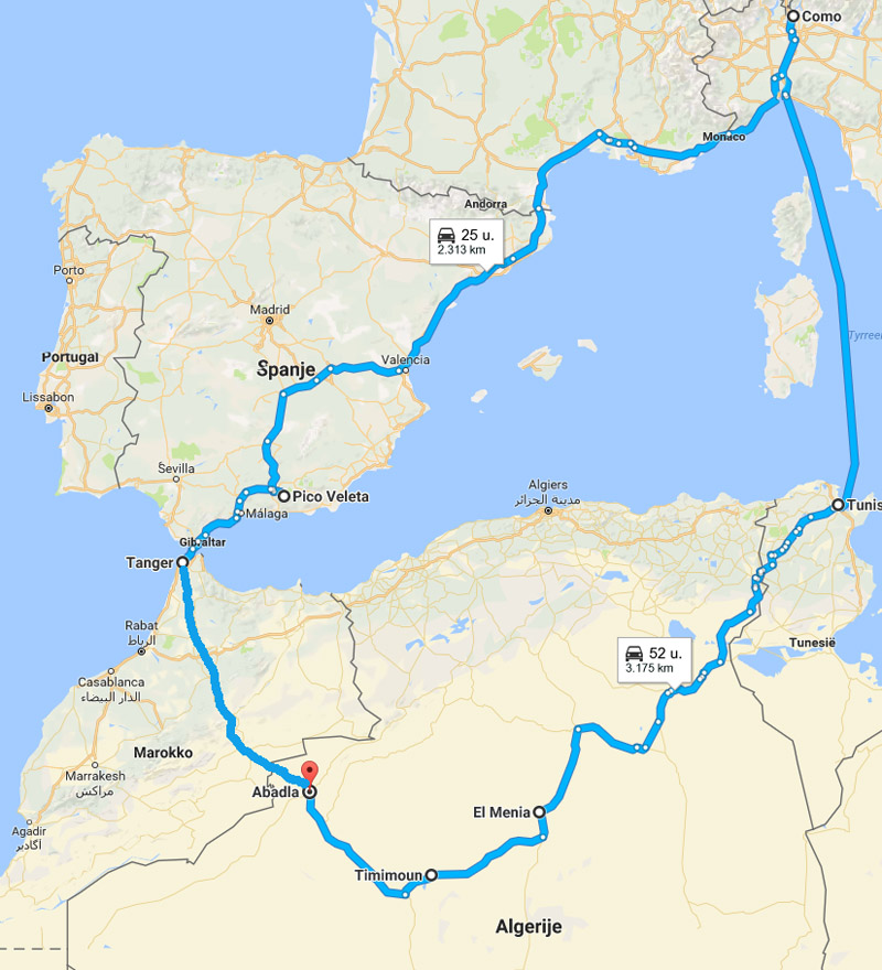 De route van de Fiat 850 door de Sahara